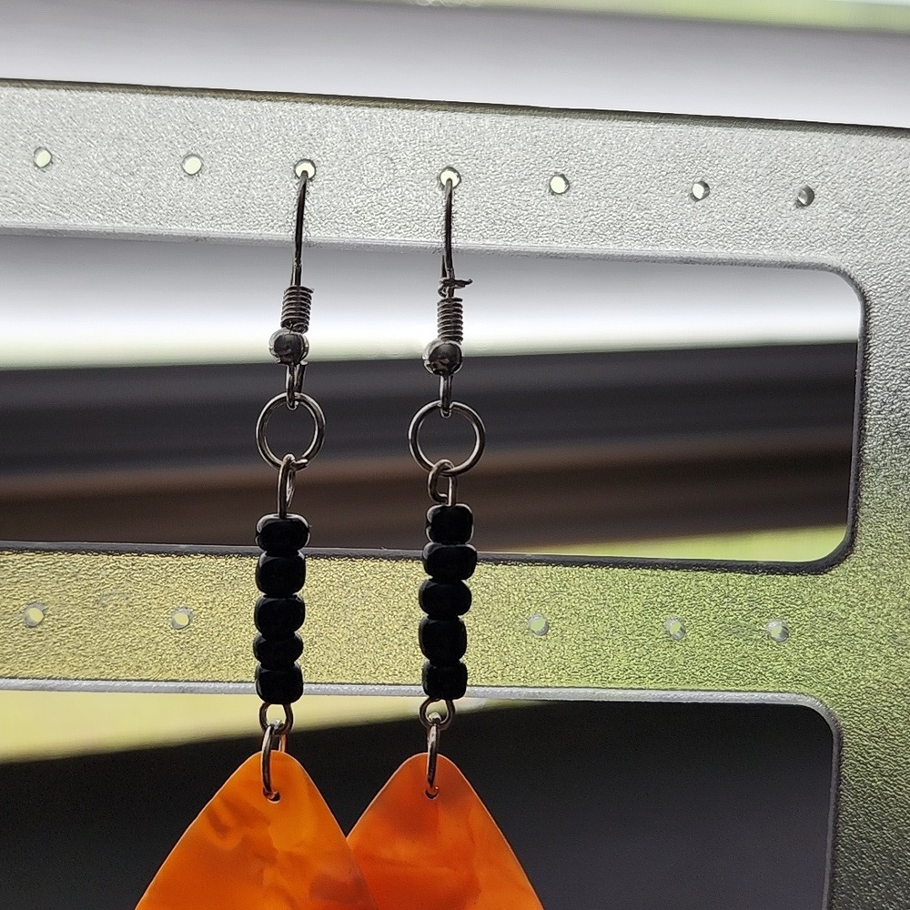 Handmade Orange Dangle Earrings with Black Accents - Picture 3 of 6